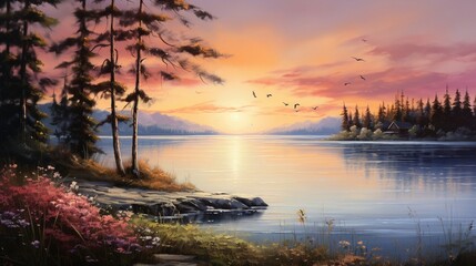 an image of a peaceful lakeside scene with a cool, gentle breeze