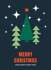 Obraz premium Merry christmas and happy new year card, poster, flyer with minimalistic Christmas trees and stars on a dark background. 
