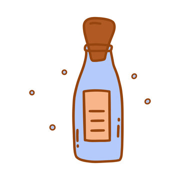 recommend clip art: Vintage small blue bottle with cork, jar for drinks, spices, potions. Colorful vector isolated illustration hand drawn doodle with contour. Love potion, magic elixir, container with label icon