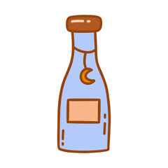 Vintage small blue bottle with with crescent on cord, jar for drinks, spices, potions. Colorful vector isolated illustration hand drawn doodle. Love potion, magic elixir, container with label clip art