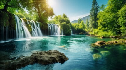 an image of a picturesque lake with a cascading waterfall