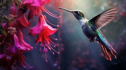 A hummingbird sipping nectar from a vibrant fuchsia flower, frozen in a moment of beauty. - obrazy, fototapety, plakaty