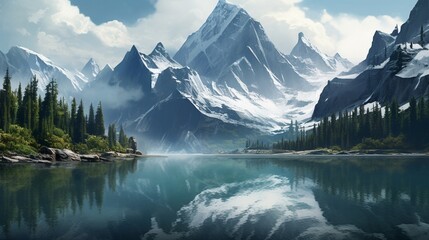 an image of a picturesque lake with jagged mountain cliffs - obrazy, fototapety, plakaty