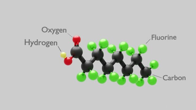 Perfluorooctanoic acid PFAS - C8HF15O2 - 3D Conformer white background. 3D animation