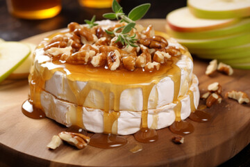 Brie cheese with honey garnished with nuts and apples. Generative AI