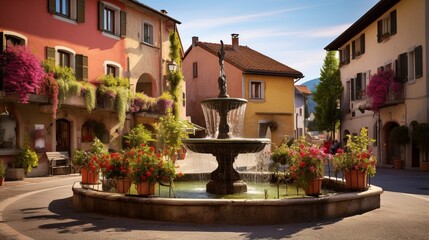 Fototapeta na wymiar an image of a picturesque European village with a quaint village square fountain