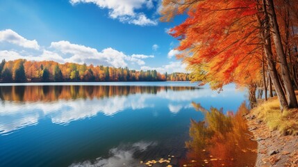 an image of a picturesque lake with colorful autumn foliage