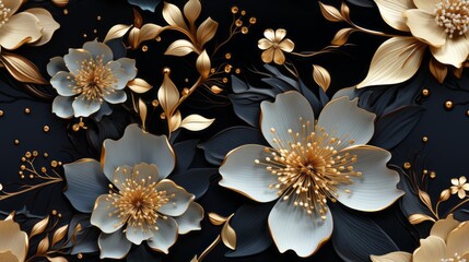 Seamless Vector Image of a Dark Floral Pattern with Golden Details