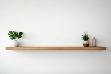 Wood floating shelf with plants and vases on white wall. Interior design of modern living room. Generative AI