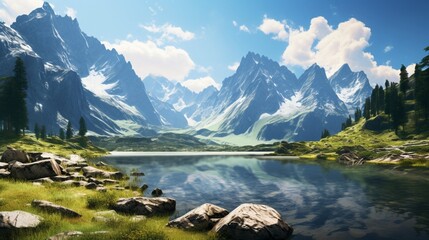 Naklejka na ściany i meble an image of a pristine alpine lake surrounded by jagged peaks