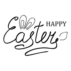 Handwriting with bunny ears and tail. Happy Easter calligraphic lettering. Vector illustration