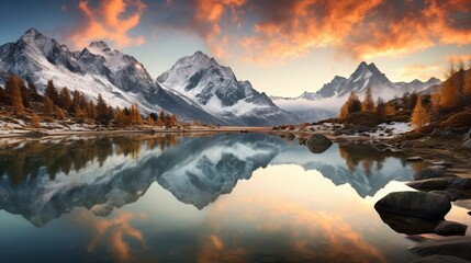 an image of a pristine lake reflecting the rugged mountain terrain - obrazy, fototapety, plakaty