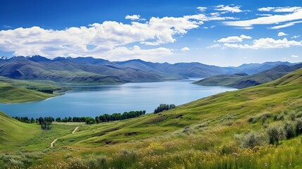Fototapeta na wymiar an image of a pristine lake with a backdrop of rolling hills