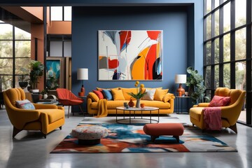 Colorful Pop Art Style Modern Living Room with Colorful Sofa and Artworks on walls. Art Deco, Clipart. Pop Art Style Modern Living Room.