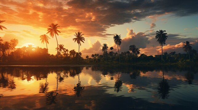 an image of a reflective tropical lake at golden hour