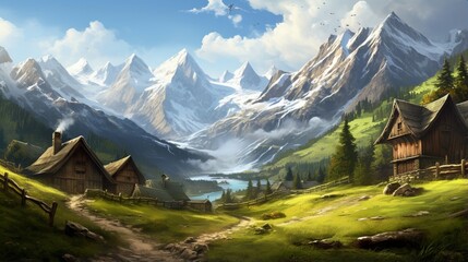 Fototapeta na wymiar an image of a serene mountain village with a mountain pasture