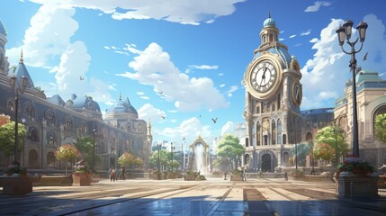 an image of a serene city square with a classic clock tower - Powered by Adobe