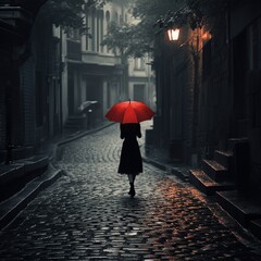 women with a black dress, holding a red umbrella, Generative AI