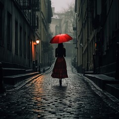 women with a black dress, holding a red umbrella, Generative AI