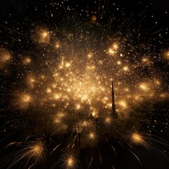 Gold and Black Firework on new years eve. In Front of a City. Looks like Asteroids. - Generative AI - obrazy, fototapety, plakaty