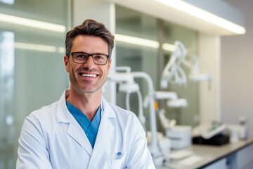 Smiling men dentist at work. Men dentist in her office. Work. AI.