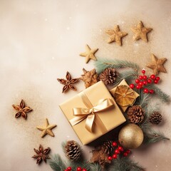 Fototapeta na wymiar Christmas decoration composition on light gold background with beautiful Golden gift box , Generative AI