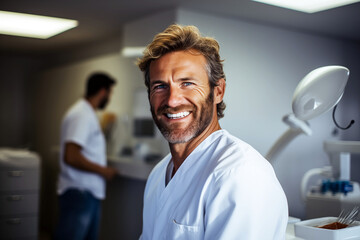 Fototapeta premium Smiling men dentist at work. Men dentist in her office. Work. AI.