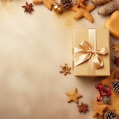 Christmas decoration composition on light gold background with beautiful Golden gift box , Generative AI