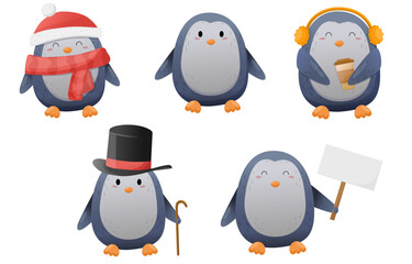 vector collection of cute cartoon penguins in hat, scarf, top hat, headphones, coffee, sign