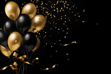 Confetti and balloons on a black background with text space, Generative AI