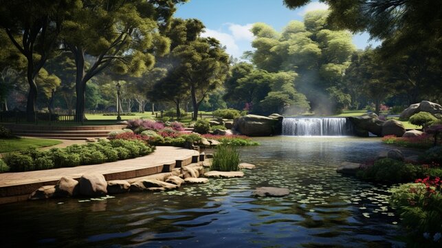 an image of a serene lakeside park with a cascading waterfall fountain © Wajid