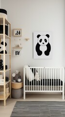 A modern children's room with a black and white color scheme, a wooden crib with a  white crib sheet