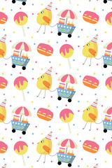 Vector festive children's birthday pattern. Seamless background with animals: lion, cat, chicken. Festive paraphernalia, cake, candle, balloons, sweets