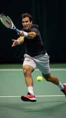 A tennis player hitting a forehand shot, with the ball in mid-air and the opponent visible in the background