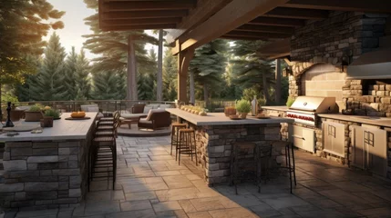 Fotobehang a stone patio with an outdoor kitchen for outdoor parties in a Horizontal format, in an Architectural-themed, photorealistic illustration in JPG. Generative ai © Purple Penguin GFX