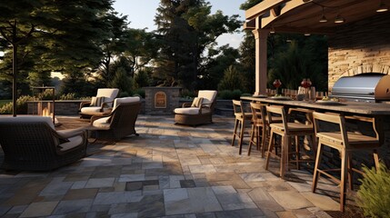 Fototapeta na wymiar a stone patio with an outdoor kitchen for outdoor parties in a Horizontal format, in an Architectural-themed, photorealistic illustration in JPG. Generative ai