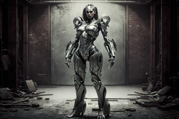 Female robot in an abandoned factory setting