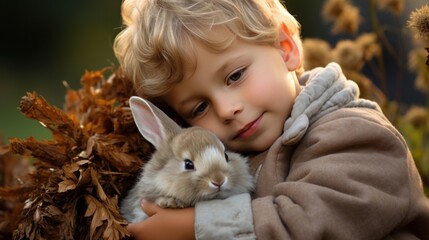 A sweet image of a child holding a baby bunny in their lap, the two of them snuggled up together
