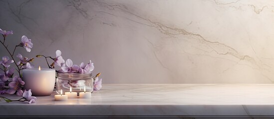 In the corner of the room adorned with white marble flooring, glistening wax candles cast a soft glow, illuminating a vase of delicate white lilacs and smooth stones.