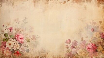 vintage paper with flowers on the side/margins, with room for copy and a  light background in a Horizontal format, in a Floral art paper-themed, photorealistic illustration in JPG. - obrazy, fototapety, plakaty