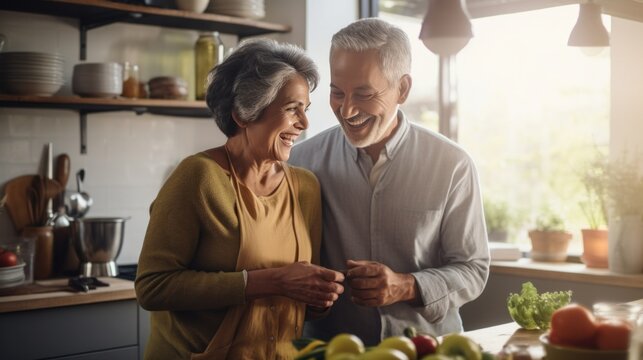  touching stock photo of an elderly couple cooking breakfast together in their small but cozy kitchen