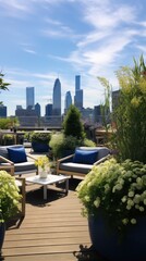 serene rooftop garden with a variety of plants, a stylish seating area,