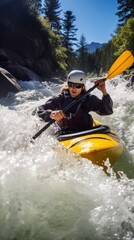 A kayaker navigating through rough white water rapids