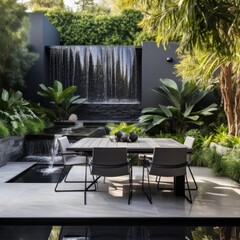 a modern garden with a unique set of outdoor furniture, well-maintained greenery