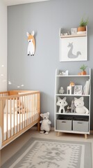 A stylish children's room with a gray and white color scheme, a wooden crib with a gray crib sheet