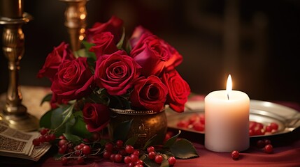 Obraz na płótnie Canvas Romantic dinner scene with candles and roses on a festive table on Valentine's Day with blurred bokeh background.