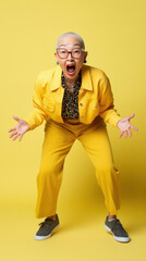Senior woman wearing short - hair and yellow jacket and glasses on light background.
