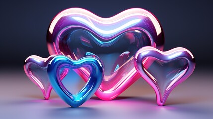Holographic chrome glass heart icons, Molten metal hearts with reflections. - obrazy, fototapety, plakaty