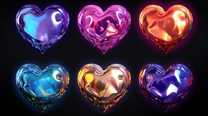 Holographic chrome glass heart icons, Molten metal hearts with reflections.