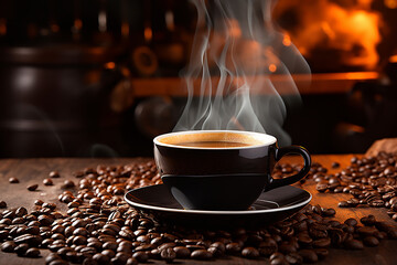 A cup of hot morning coffee on a wooden table